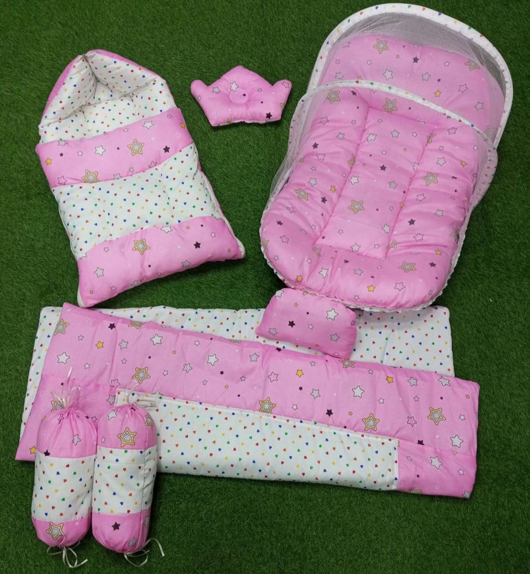 Bizzy New APC Quality Soft Baby Set Complete Bedding 7 Pcs Set - 7 Pcs Include: 1 Mattress 1 Quilt / Comforter 1 Sleeping Bag / Carry Nest 1 Headshaper Pillow 1 Normal Pillow and 2 Cushions - Baby Bistar Gaddi Sleeping Bag Bed Gift Best
