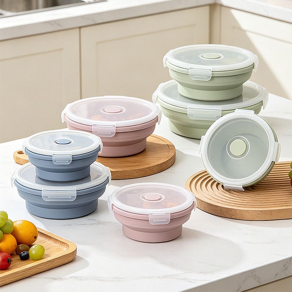 Compact Solid Colors Foldable Silicone Lunch Box with Lids Stackable Portable Food Container Microwaveable Round Silicone Collapsible Bowl Travel