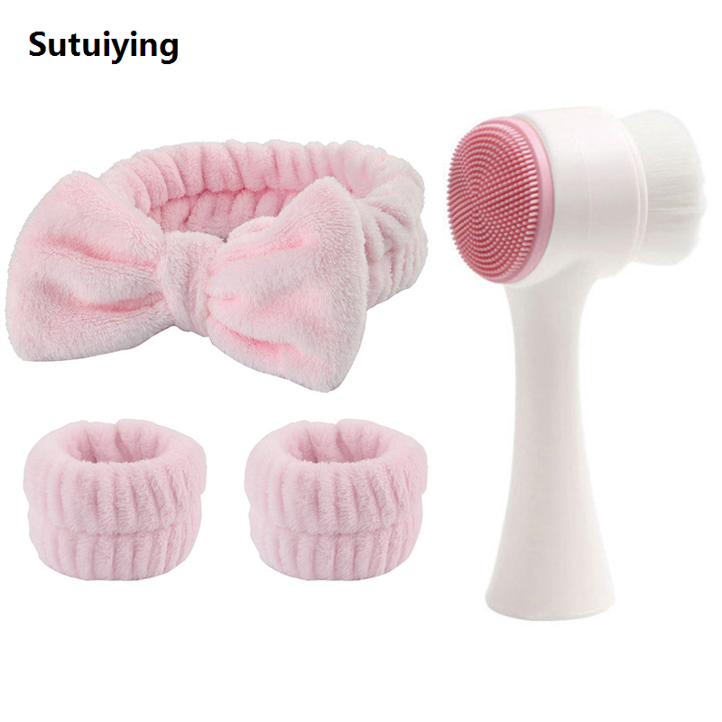 Sutuiying Women Girls Beauty Tool Kit Silicone Facial Cleansing Brush Portable 3Pcs Spa Yoga Headband Make Your Life More Convenient