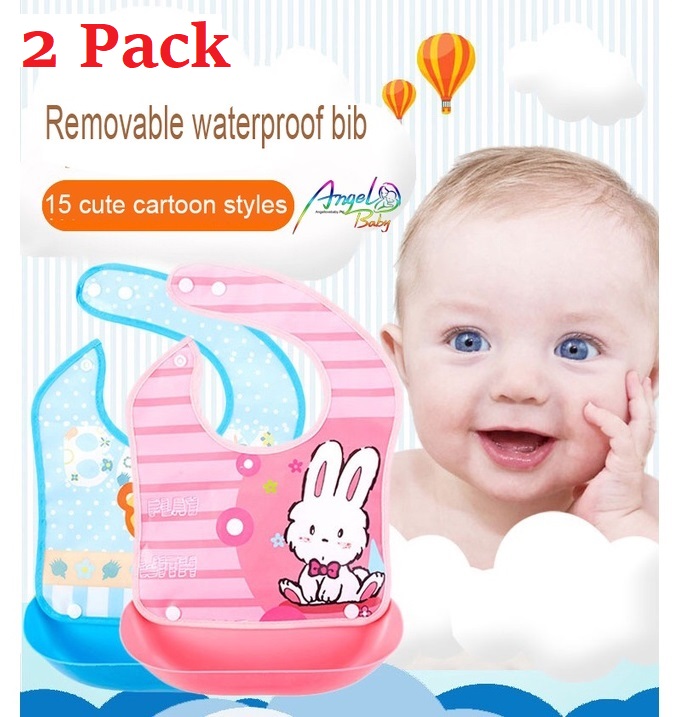 2 Pcs Detachable Waterproof Baby Bib - Cartoon Design, Easy-to-Carry Rice Bag Bib for Boys & Girls - Removable, Durable & Spill-Proof