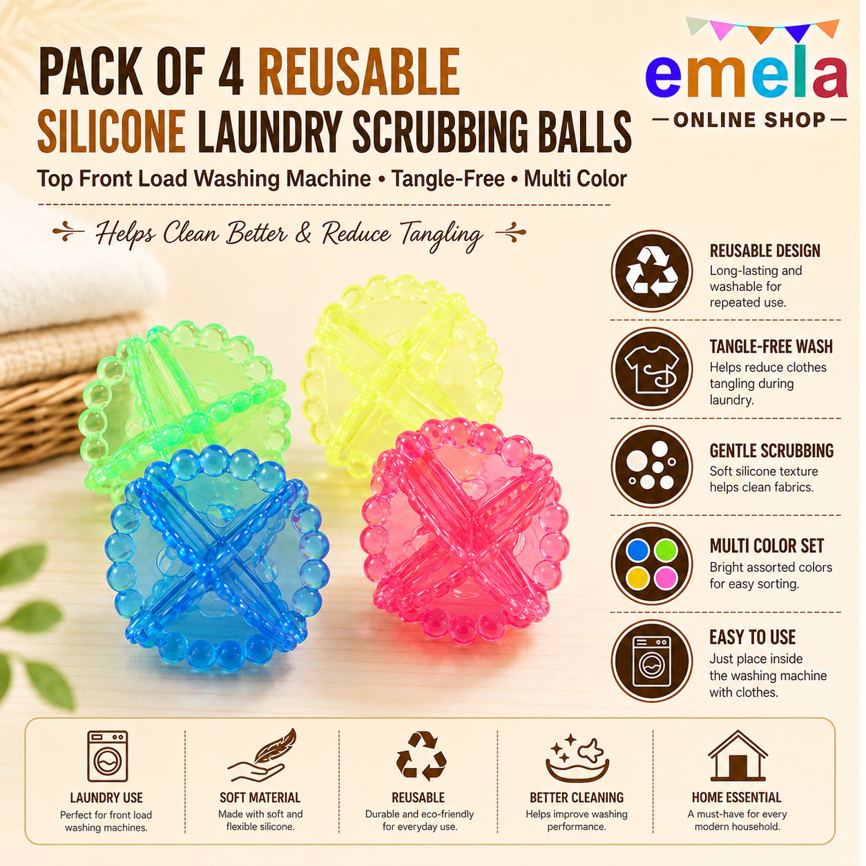 Pack Of 4 Reusable, Silicone Top Front load Washing Machine Laundry Tangle-Free Scrubbing Balls (Multi Color)