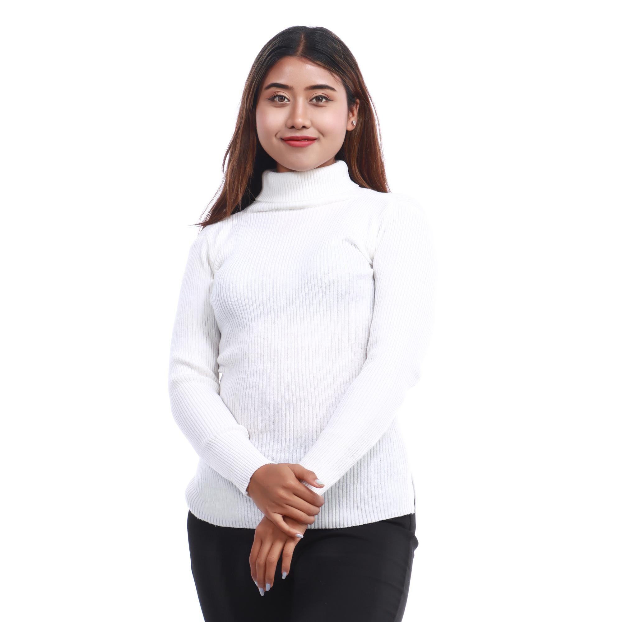 White Color Acrylic Woolen Handloom Full Sleeves High Neck For Women