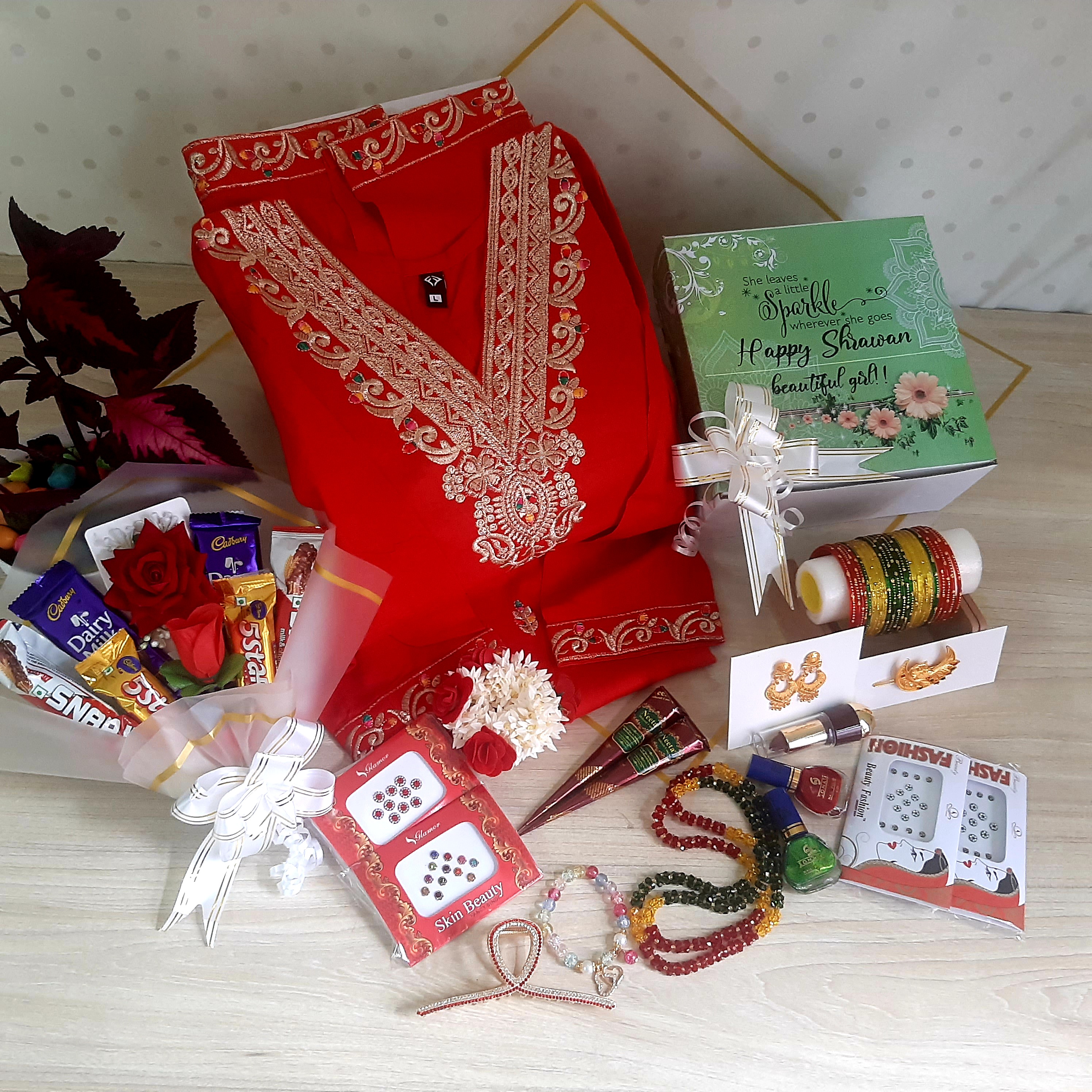 Teej Premium Gift Set Red Cotton Kurti Chura Mehendi Gold Plated Chandrama & Earring Chocolate Bouquet By CANVAS