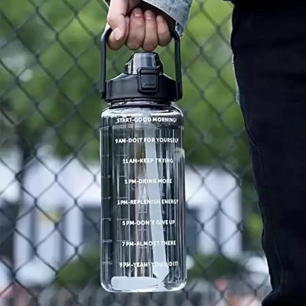 2 Liter Transparent Motivational Water Bottle, BPA-Free With Time Markers, Straw & Handle Leakproof Plastic Water Bottle for Fitness, Running, Sports & Outdoor Activities