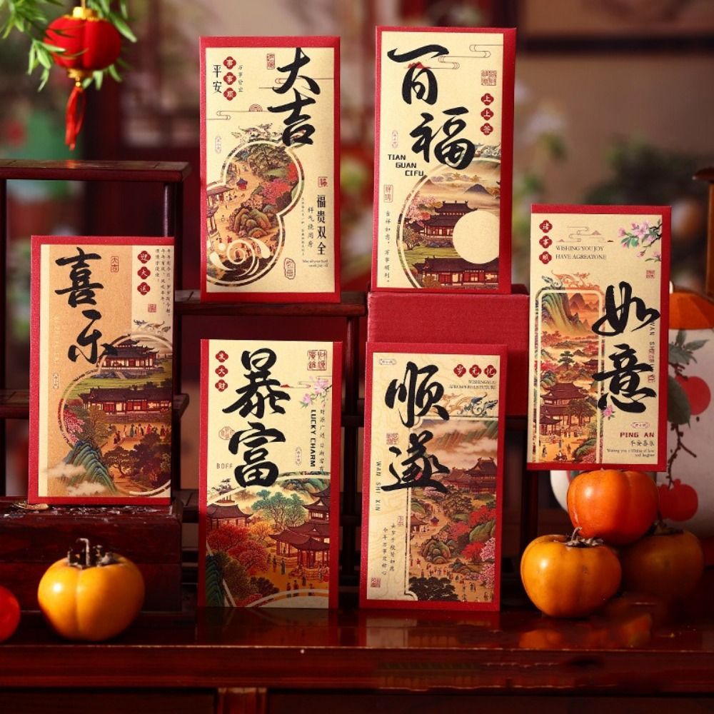 6Pcs Hongbao Chinese Style 2026 Horse Year Red Envelope Large Capacity Traditional Horse Year Money Envelope Paper Bless Words Red Pocket Birthday Gift