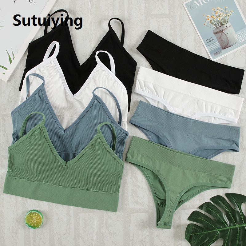 Sutuiying CHRLEISURE Women Underwear Set Wireless Lingerie Panties Bra G-String Seamless Tank Crop Top Brassiere New