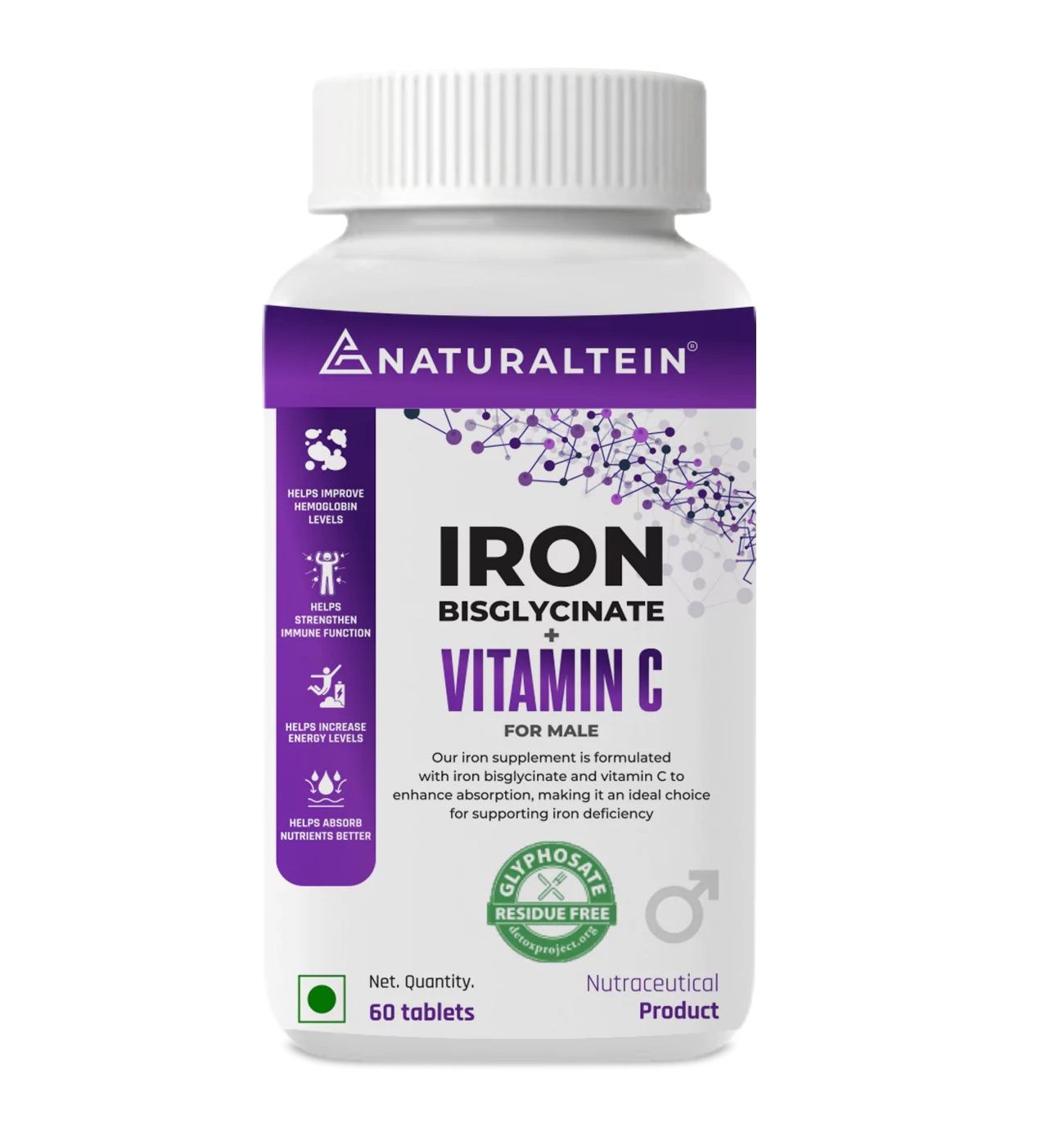 Naturaltein Iron Bisglycinate + Vitamin C For Male- 60 Tablets With Helps Improve Hemoglobin Levels, Immune Function & Increase Energy Levels