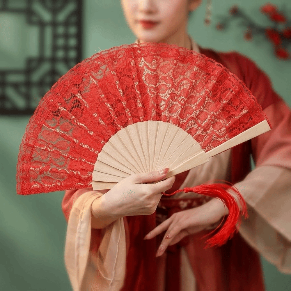 Exquisite Vintage Lace Trim Folding Fan Lightweight with Tassels Hollowed-Out Fan Handheld Decorative Antiquity Folding Fans Cultural Activities