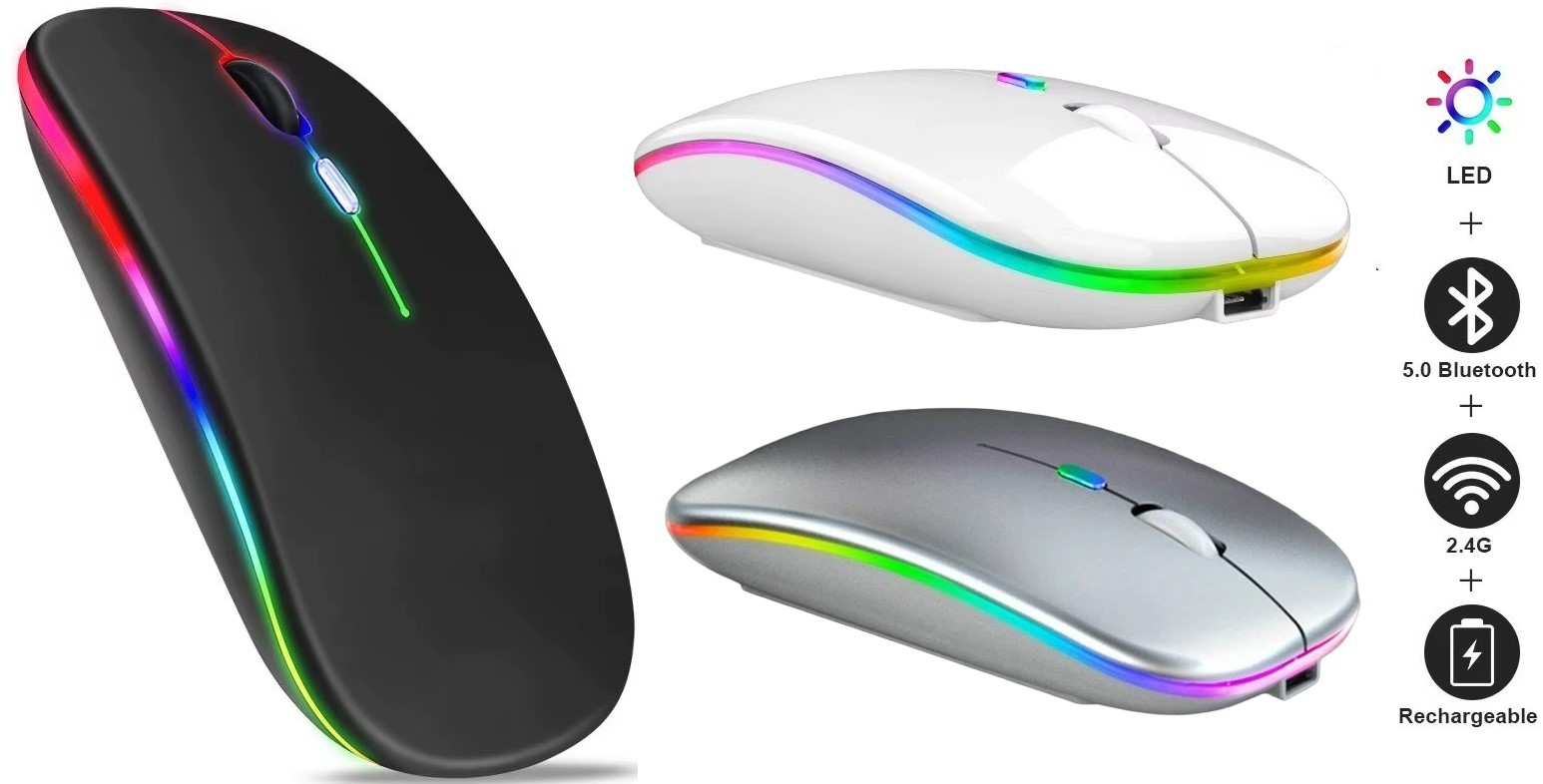 2.4GHz Wireless Slim Rechargeable Mouse Bluetooth/USB Dual Mode RGB LED Silent Connectivity Mouse For Laptop PC Windows/Mac Computers Tablet
