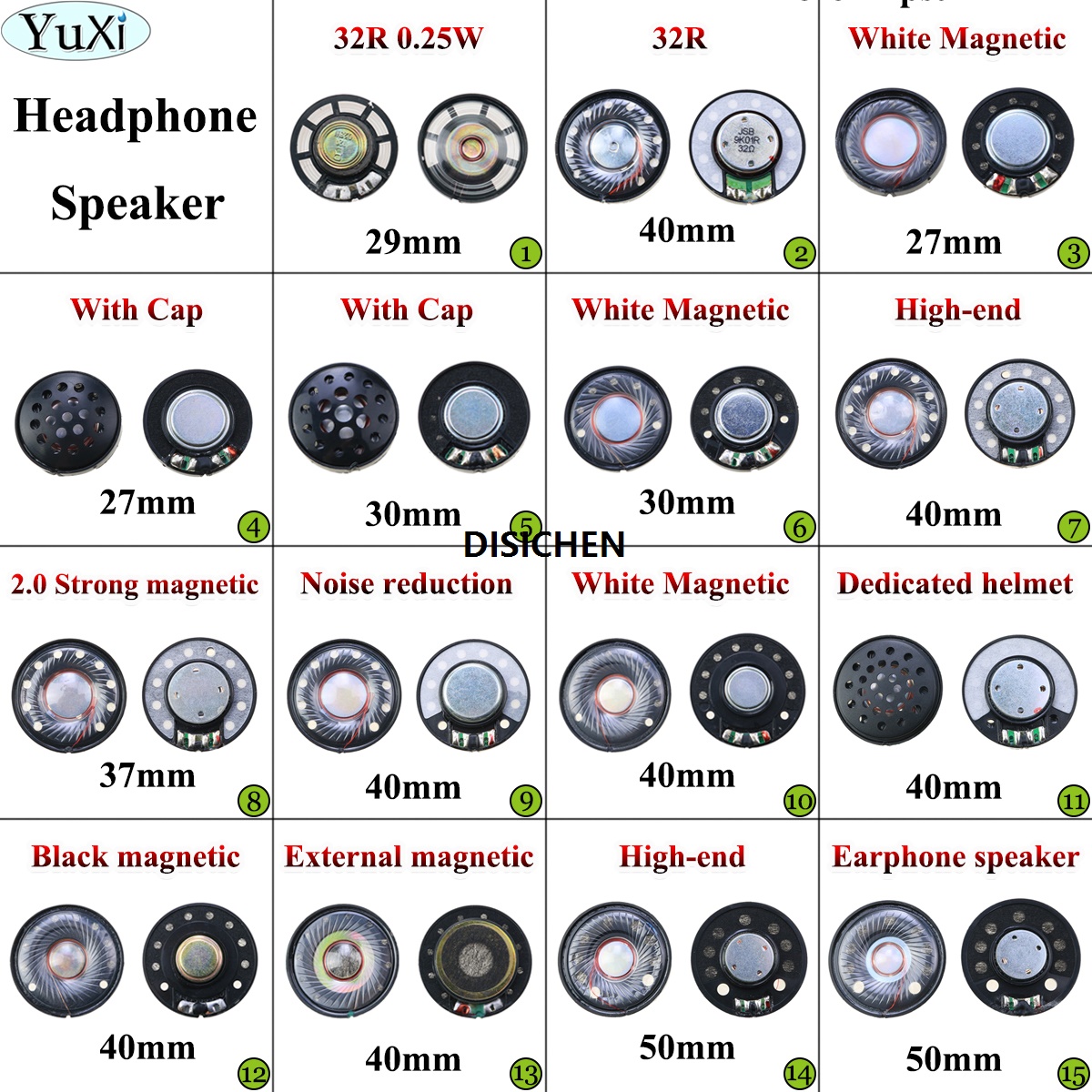 DISICHEN 1pcs Driver Hifi Bluetooth White Magnetic Headphone Speaker 27 29mm 30mm 37mm 40mm 50mm High-End Earphone Diy Loudspeaker Repair Fashion