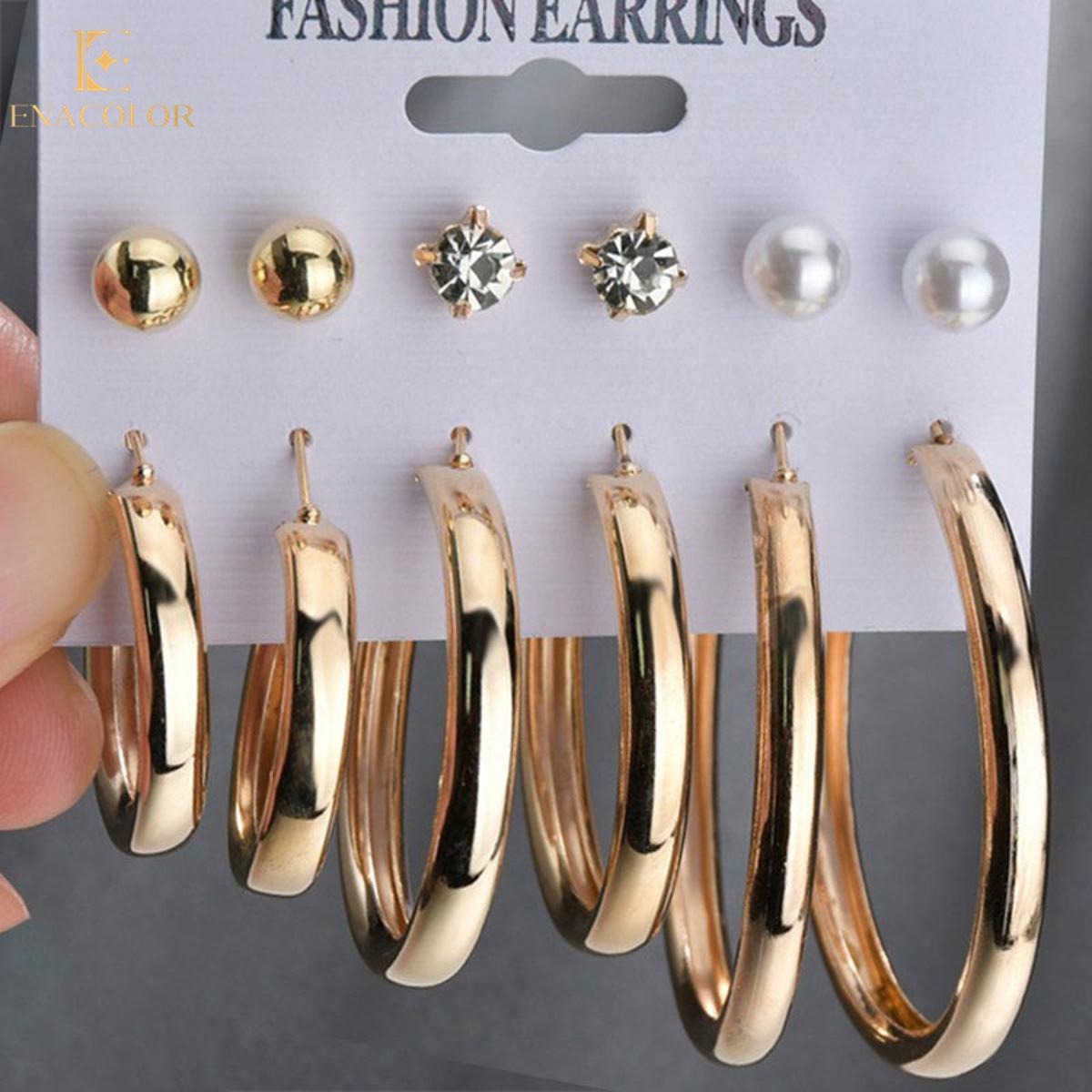Enacolor Elegant Female Metal Big Circle Set Earrings for Girls Korean