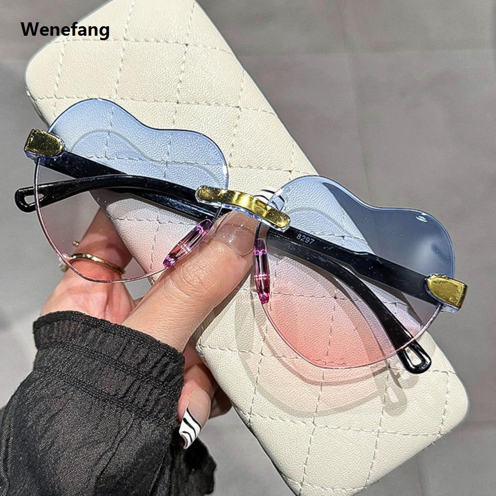 Wenefang Fashion Heart-Shaped Sunglasses Chic UV400 Gradient Lens Rimless Sun Glasses Rimless UV Protection Love Heart Shades for Women Men Beachwear Casual Accessories Summer Fashion