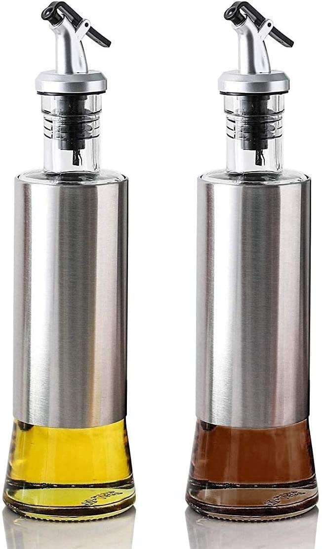 Stainless Steel Olive Oil Dispenser Bottle, Glass Cooking Oil & Vinegar Cruet for Kitchen and BBQ Seasoning Glass Oil Bottle, Oil Pourer, Oil Can, Leakproof Bottle 300ML