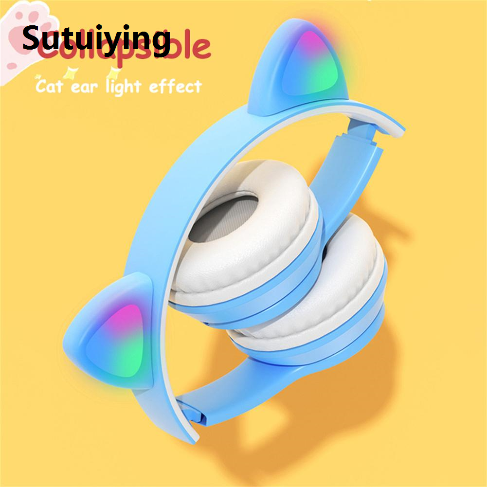 Sutuiying mm Wireless Ear UX 3.5D Lit Foldable RGB LEP47 Kids Headphones with Cat Ear Stack Over-Ear Bluetooth Compatible Headphones A