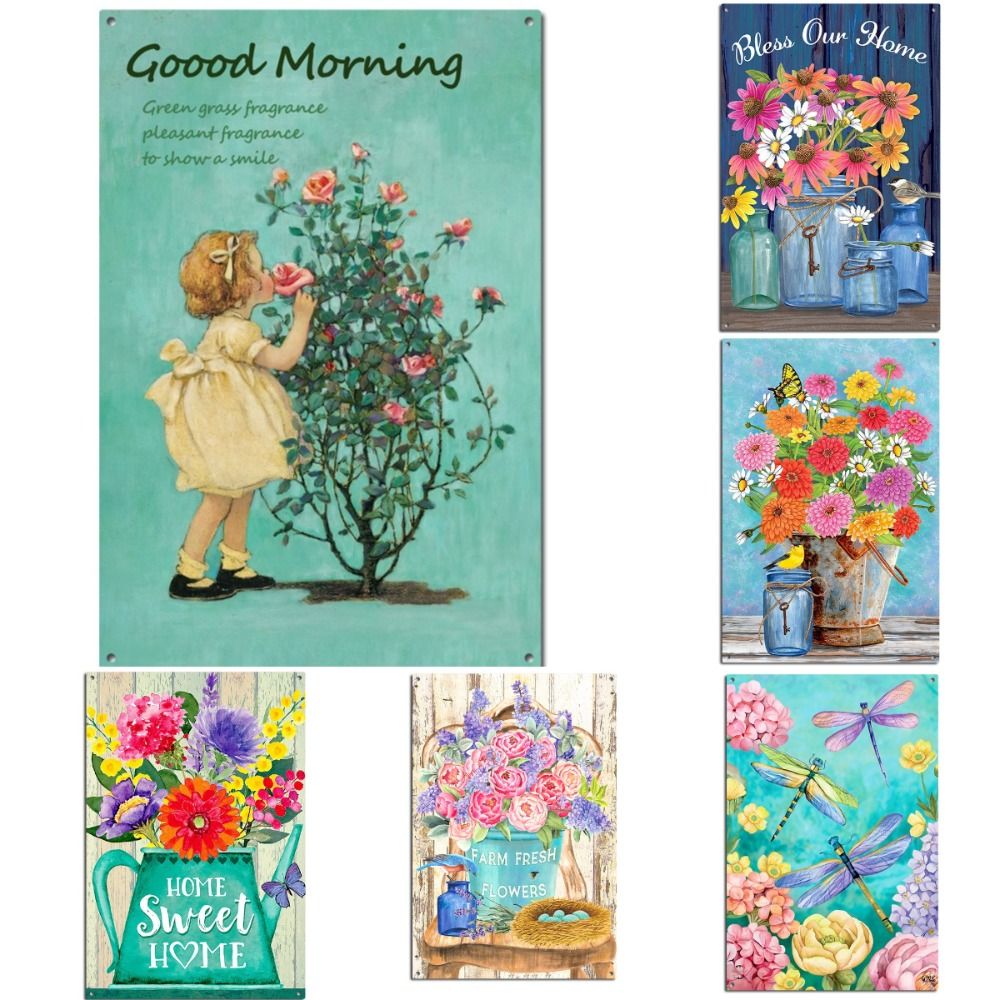 Fashion Flower Metal Tin Sign Pastoral Butterfly Art Plaque Retro Shabby Chic Vintage Poster Living Room