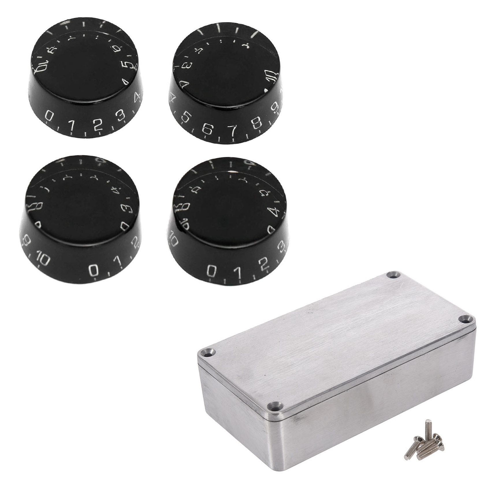 FORIDE 1 Pcs Diecast Aluminium Electronics Project Box & 4 Pcs Electric Guitar Top Hat Knobs Speed Volume Tone Control Knobs