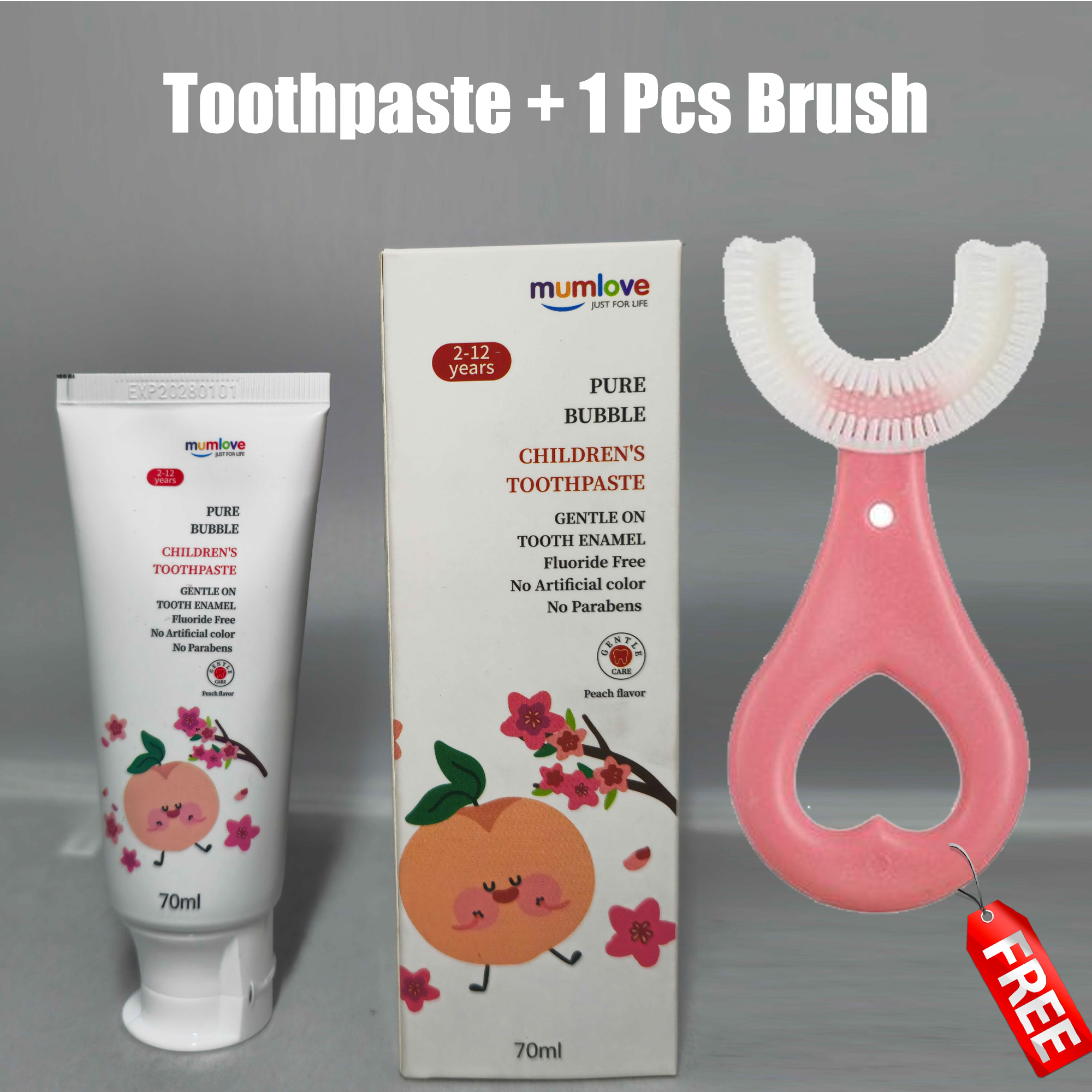 Mumlove Kids Toothpaste & Toothbrush Set | 100% Natural Bubble Oral Care (70ml), Fluoride & SLS Free, Peach Flavor + U-Shaped Toddler Toothbrush with Soft Silicone Brush Head