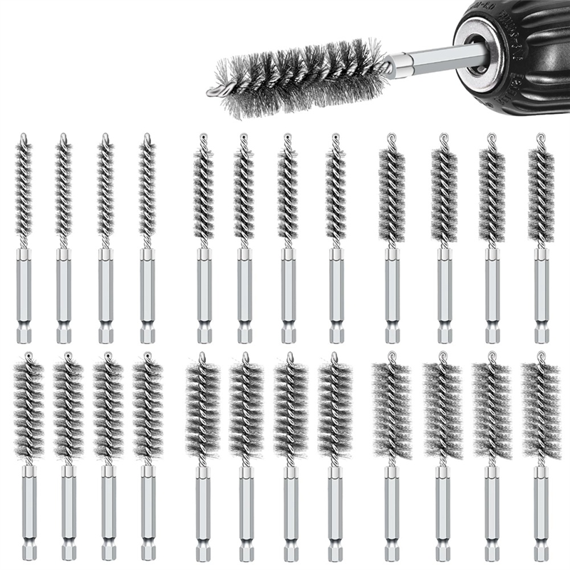 24 PCS Wire Bore Brushes Set for Power Drill, Silver Stainless Steel for Tubes Pipe Cleaning(8/10/12/15/17/19MM)