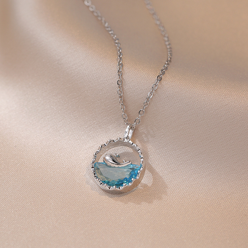 Ocean Heart Dolphin Pendant Necklace with Stainless Steel Clavicle Chain - Perfect Gift for Girlfriend