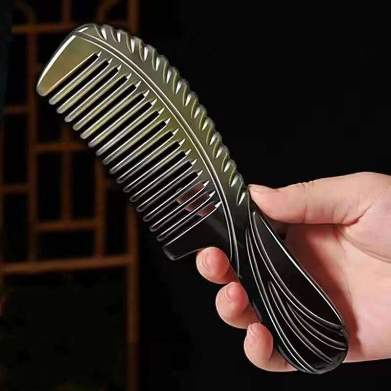 Natural Yak Horn Handmade Carving Handle Smooth Anti-Static Scalp Health Care Massage Comb Wide & Fine Tooth for All Hair
