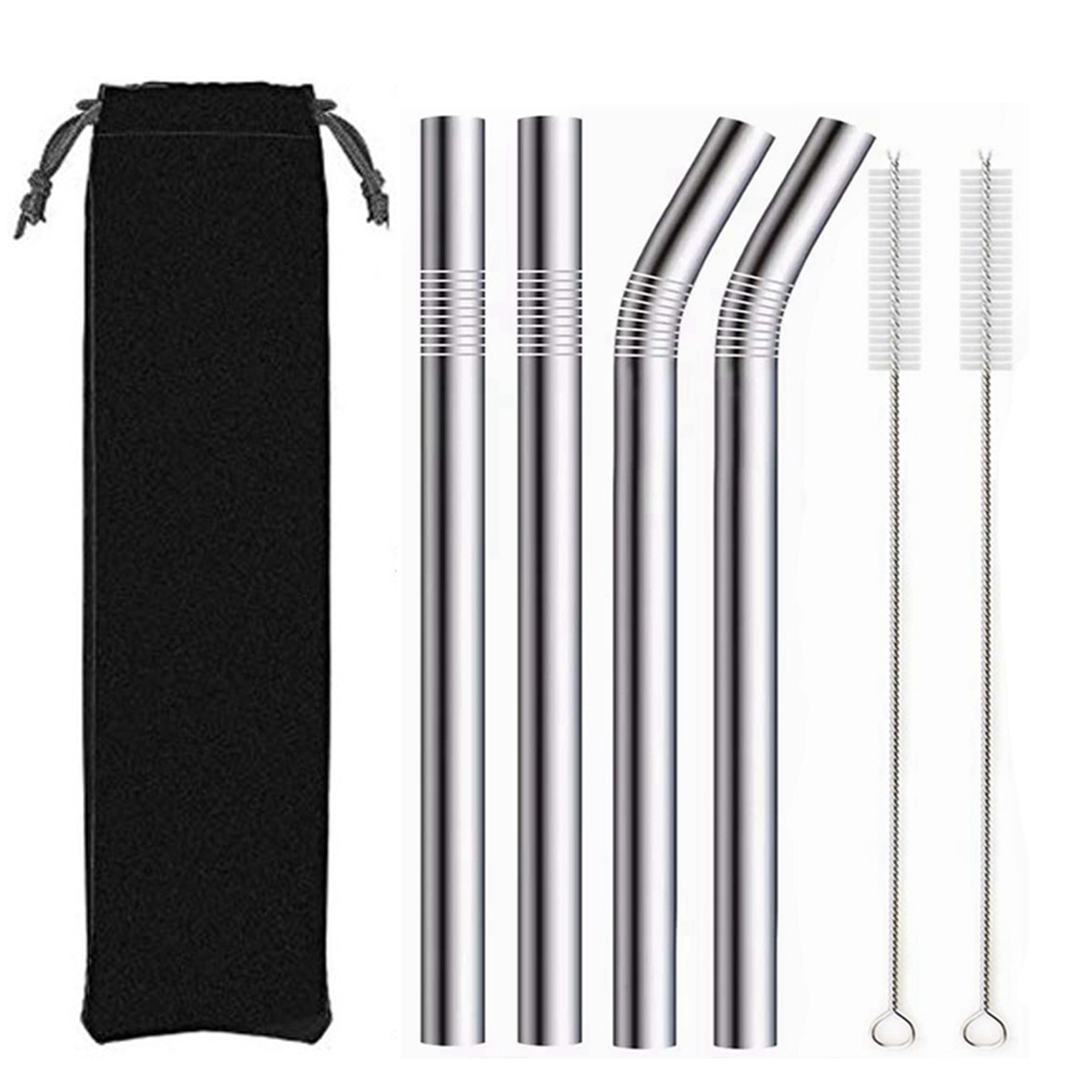 4Pcs Silver 12mm Reusable Metal Straws with 2 Brush 304 Stainless Steel Straws Set Bar Drinking Bent Straw Large