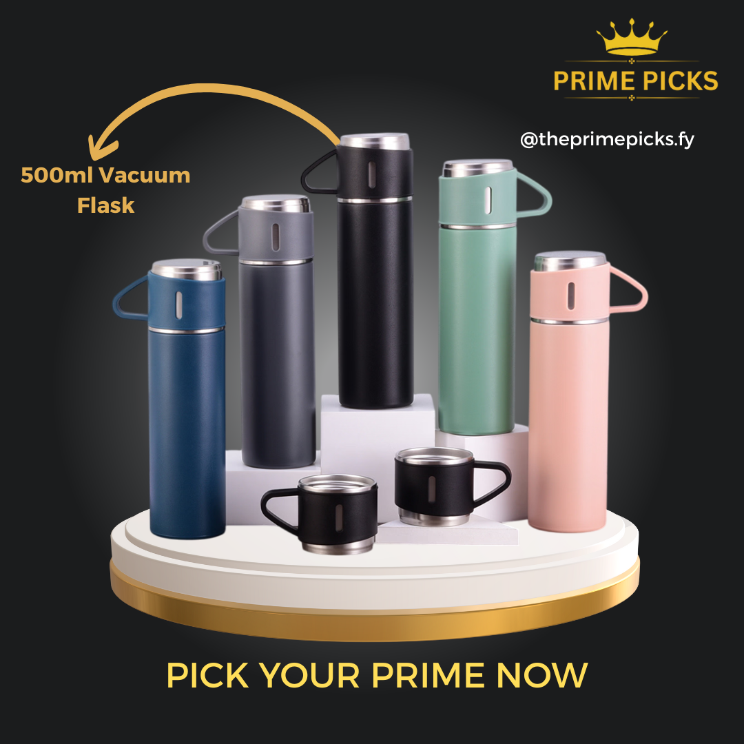 Prime Picks Premium 500ml Stainless Steel Vacuum Flask Gift Set | Insulated Hot & Cold Water Bottle with 2 Cups + 3 Leakproof Travel Mugs | Premium Thermal Thermos for Coffee, Tea & Outdoor Use