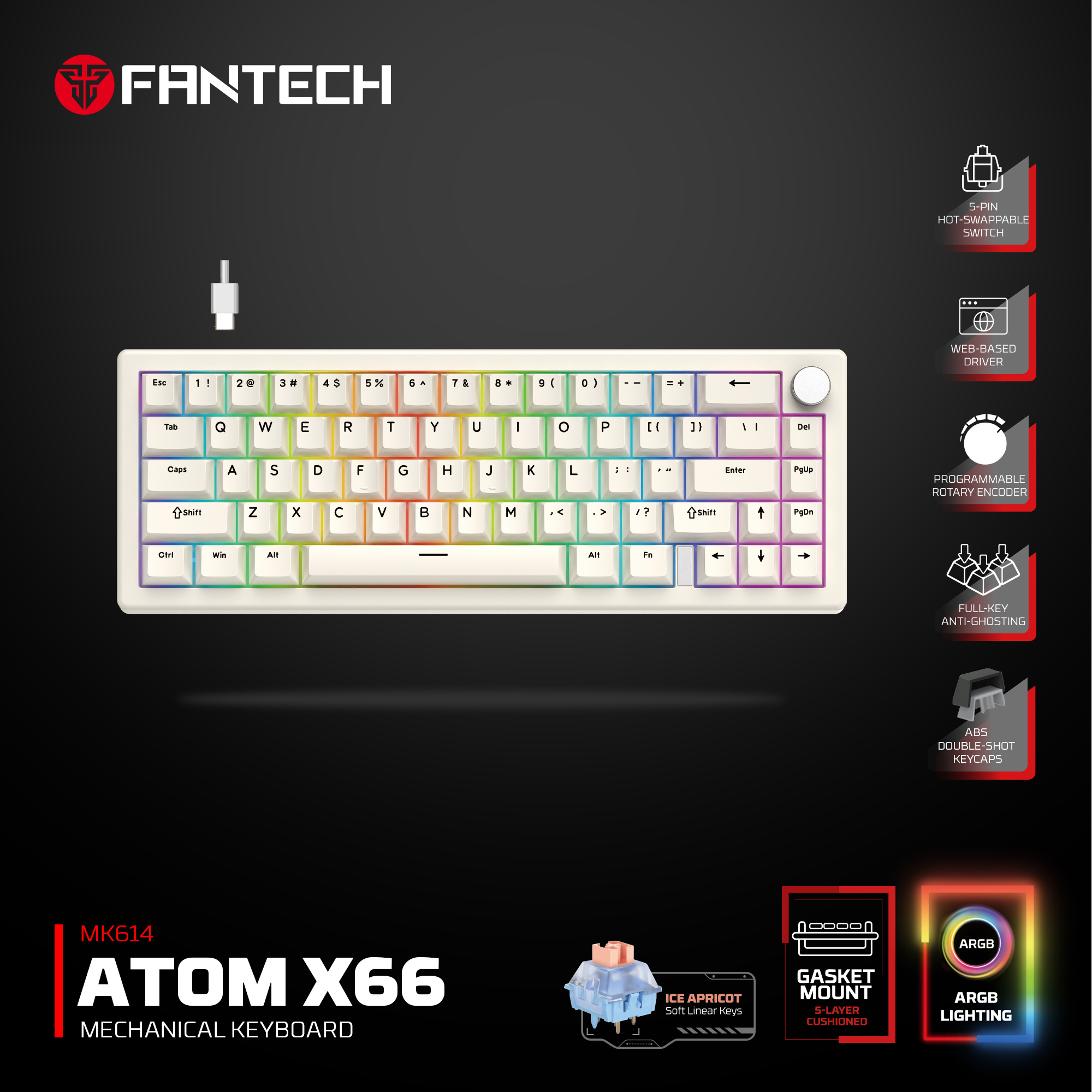 Fantech ATOM X66 (MK614) wired mechanical keyboard (beige)