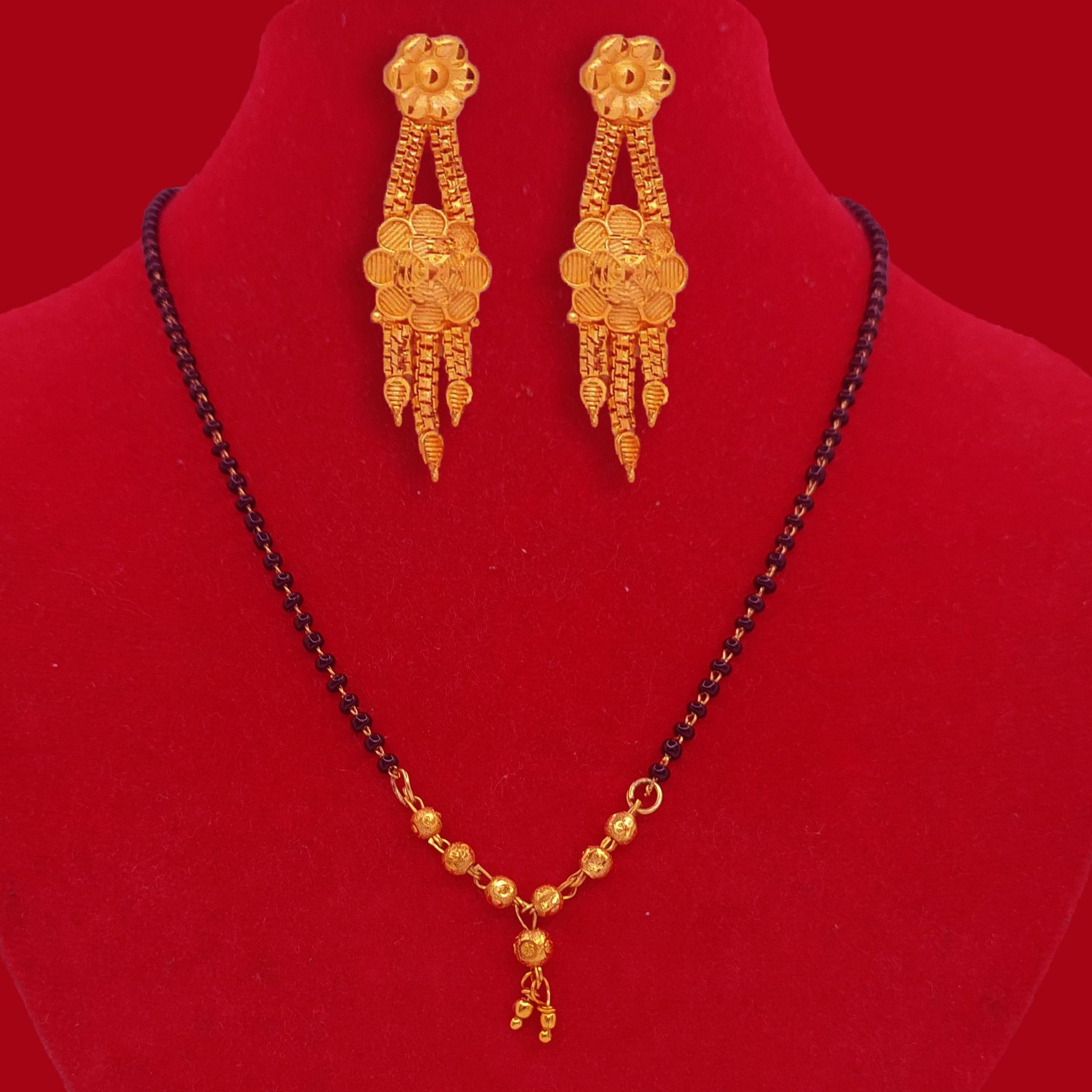 Gold Poliosed Mangalsutra & Earring Mangalsutra Earring Combo Set | Indian Mangalsutra Full Set Wedding Mangalsutra For Bride Mangalsutra For Engagement Long Mangalsutra For Partywear New Design Mangalsutra For Married Women Gold Design Mangalsutra Design