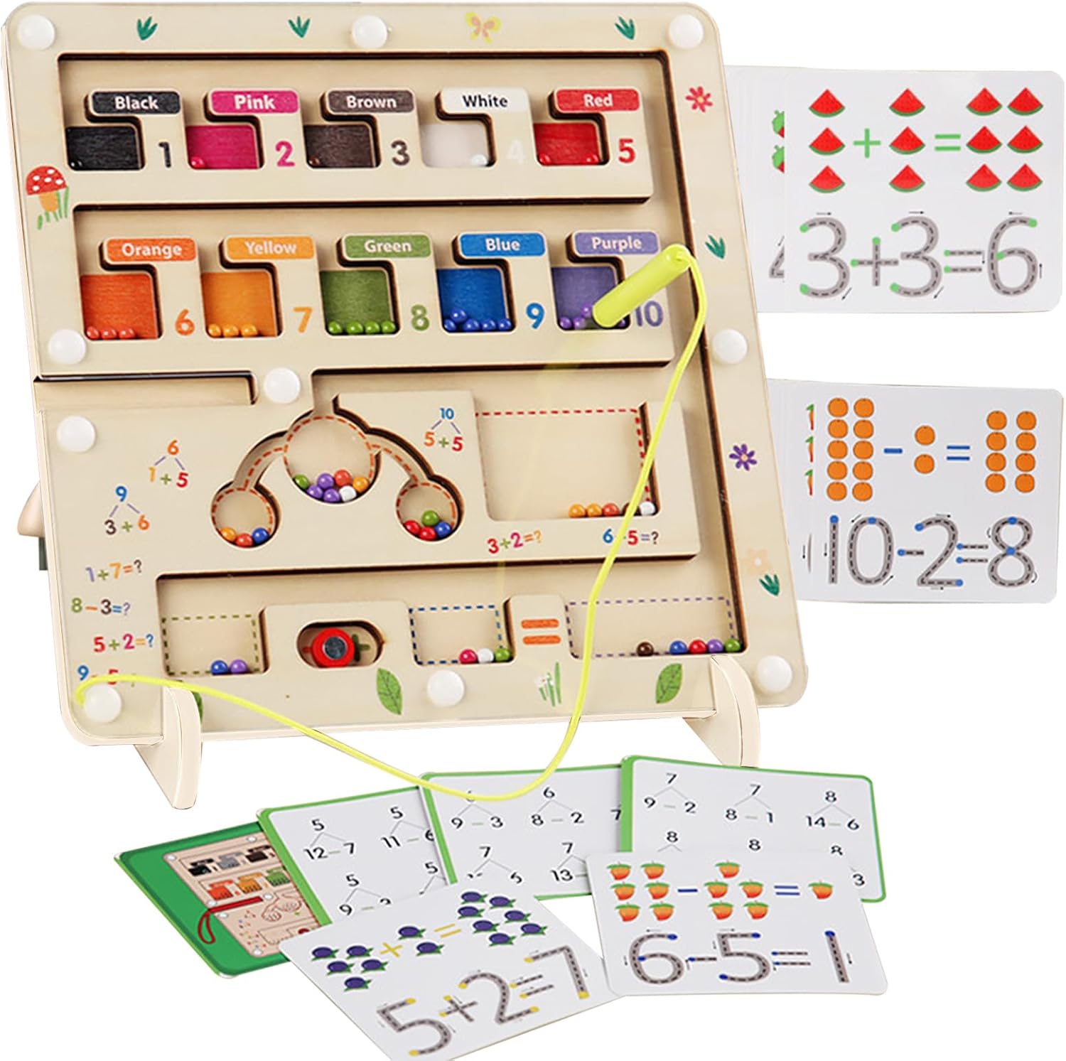 Wooden Magnetic Color and Number Maze Puzzle - Montessori Educational Math Toy for Kids - Toddler Counting & Sorting Game with Magnetic Pen