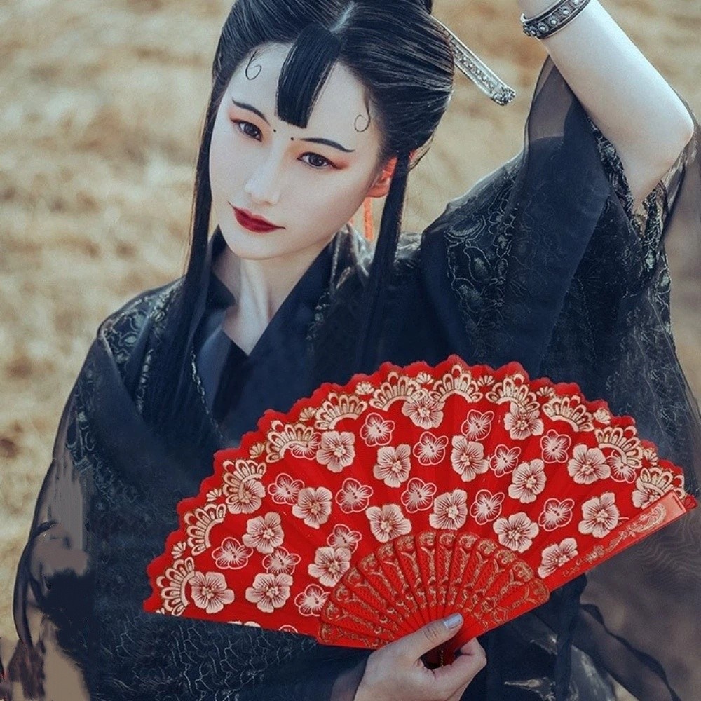 Hanfu Fan Flower Pattern Chinese Folding Fan Vintage Traditional Dance Fan with Tassel Portable Handheld Fan Gifts