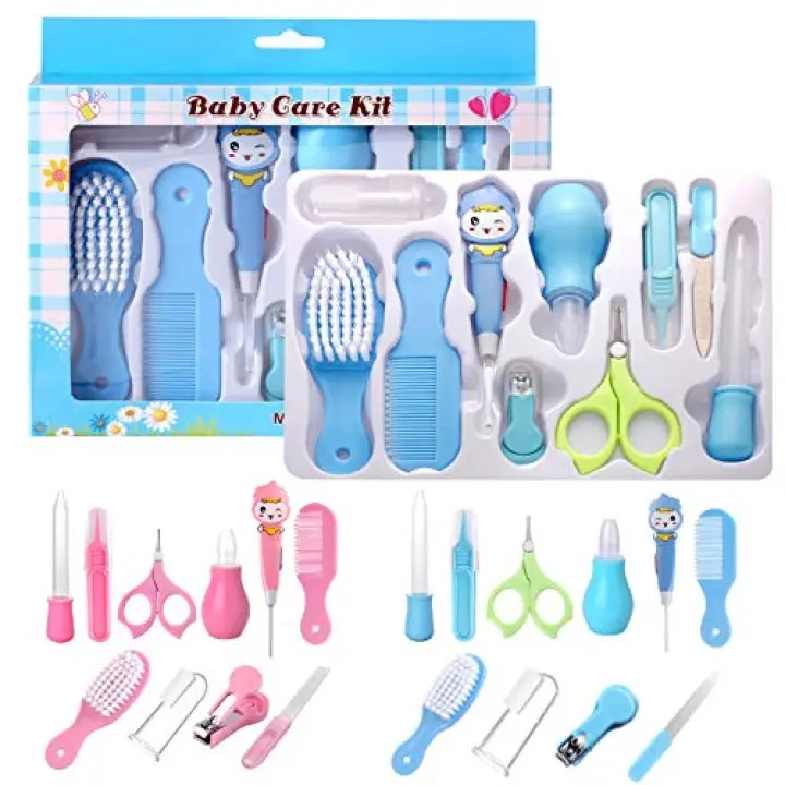 10 Pieces Baby Healthcare & Grooming Kit Ear Pick Light Comb Nail Clipper Nasal Aspirator Food Feeder Newborn Baby Shower Care Nursery Set
