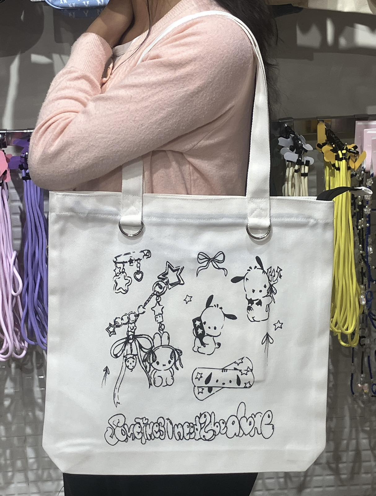 Masala Beads Kawaii Pochacco White Color Aesthetic Zipper Canvas School Bag Cute Tote Casual Bag Fashionable And Reusable Backpack Shoulder Bag For Travel