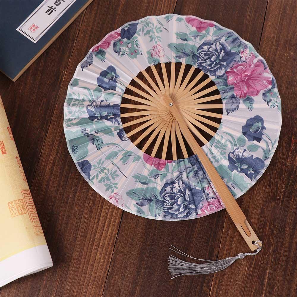 Photography Props Round Folding Hand Fan Bamboo Handle Elegant Chinese Fans Exquisite Classical Windmill Fan Gift
