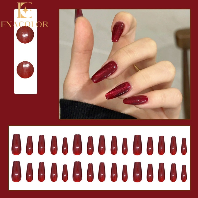 24Pcs Stylish Pattern Simple Red Long Fake Nails with Glue DIY Art Design False Nails Wearable Nails Artificial Nails