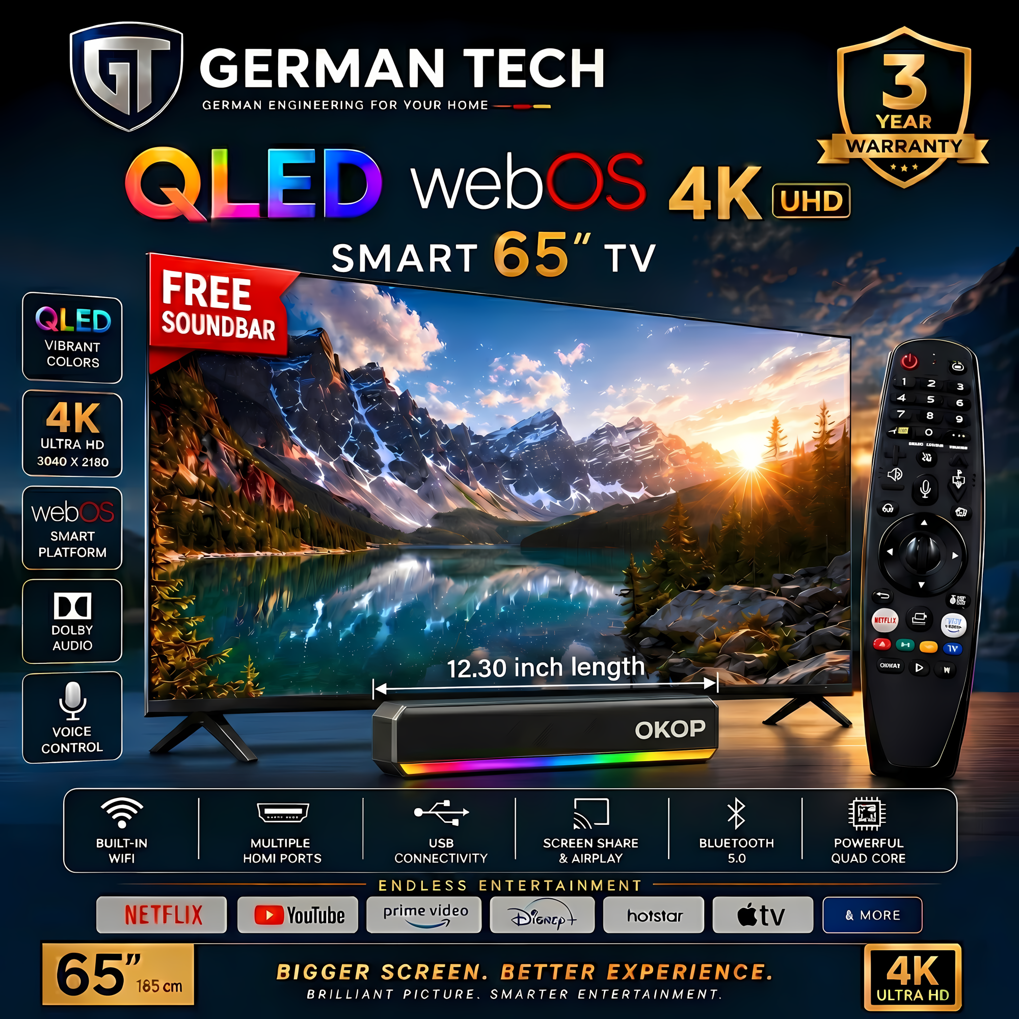 German Tech 65 Inch WebOS QLED 4k TV GT65DWB109UHD High Contrast Metal Back Magic Remote Voice Control Dolby Audio Gaming