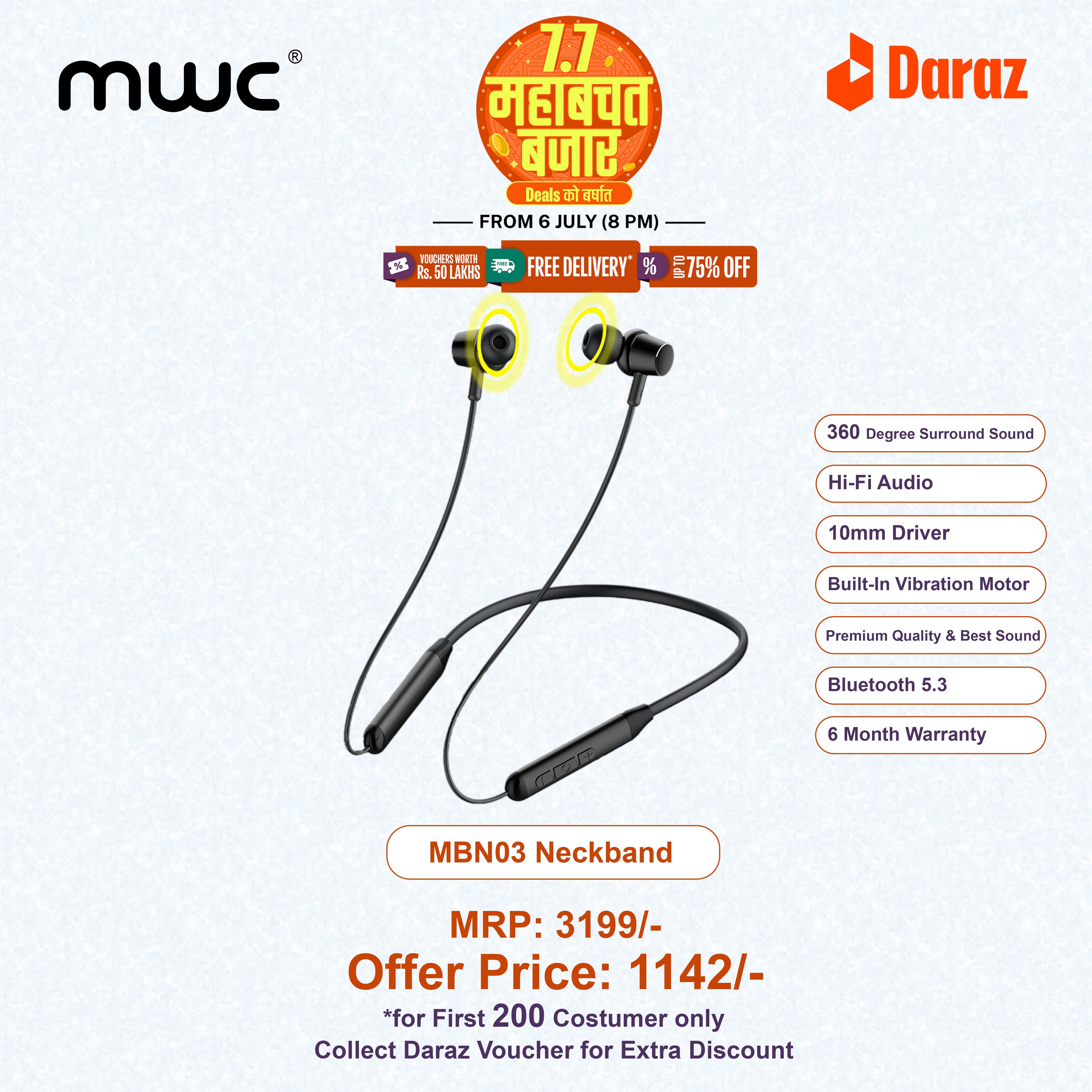 MWC MBN03 (New Launched) | Bluetooth 5.3 Neckband | 360 Degree Surround Sound Cavity | 10mm Driver | Hi-Fi Audio | Premium Quality | Powerful Sound | Black