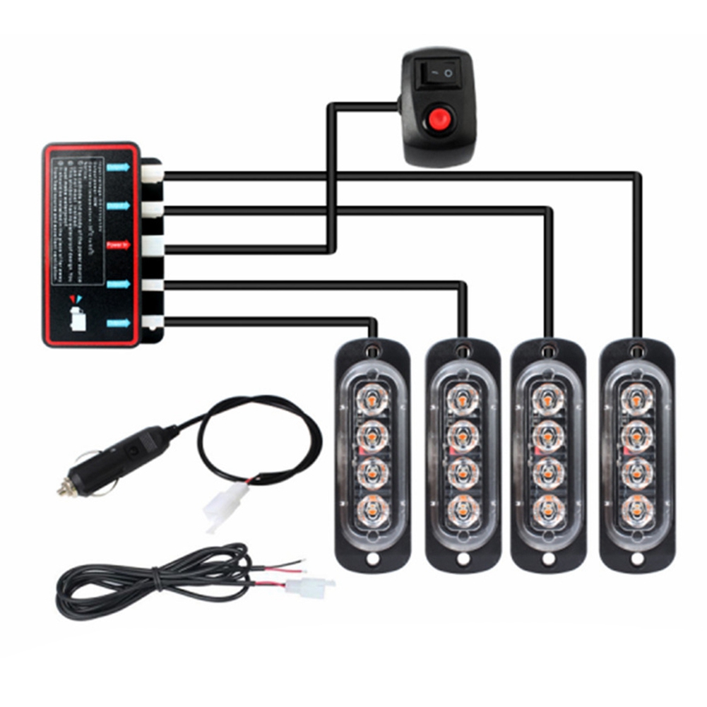 4PCS 4LED Stroboscopes 12V Strobe Light 4 in 1 Car Emergency Light Beacon Emergency Fashing Light (Red-Yellow Light)