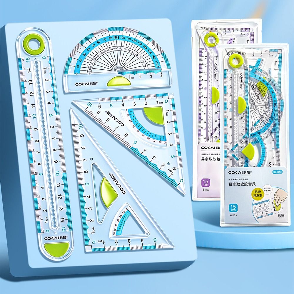 4pcs High Quality Plastic Ruler Set Soft Silicone Drawing Measuring Tool Triangle Rulers Non Slip Stationery Ruler School Office