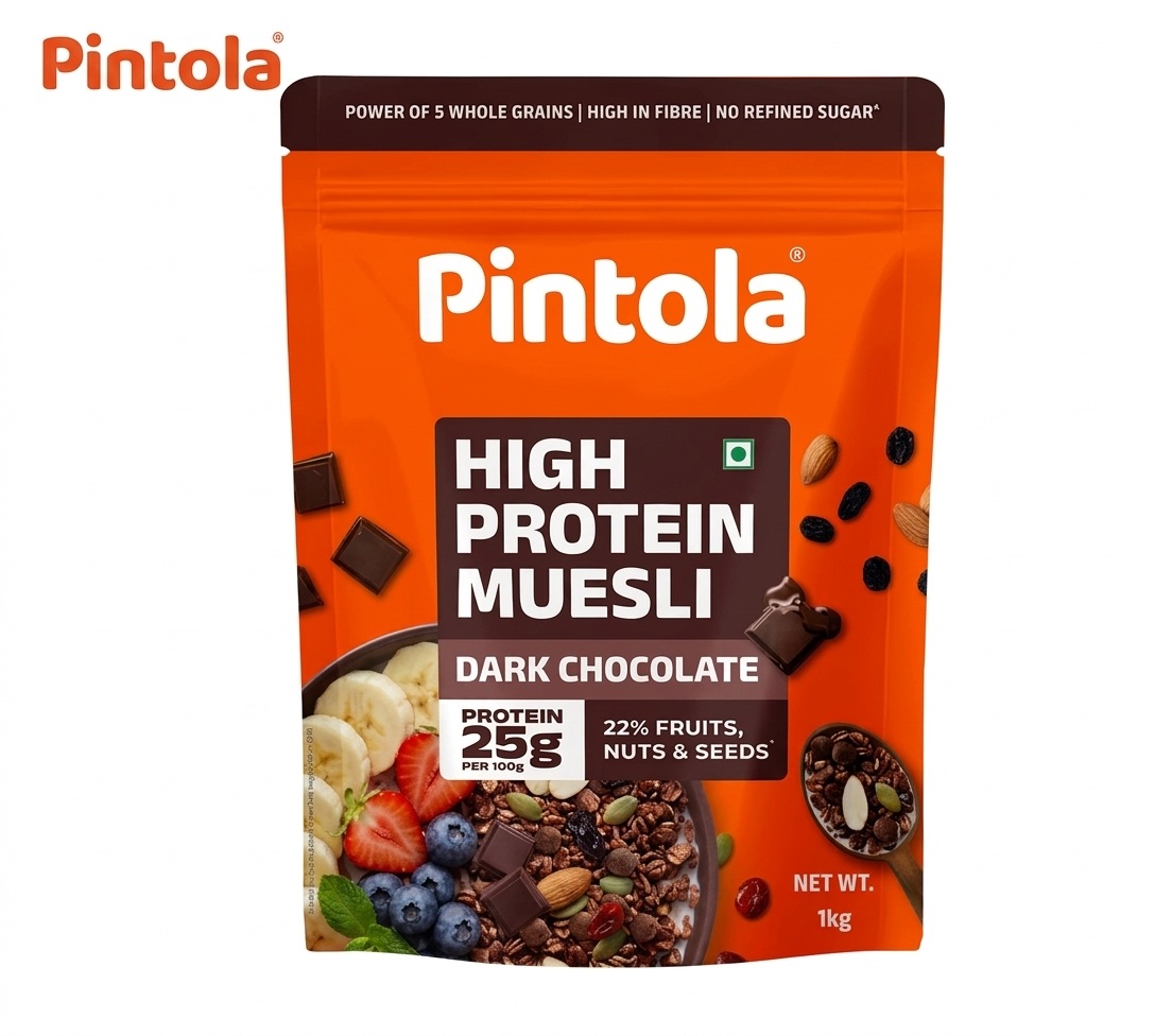 Pintola High Protein Muesli 1KG | Dark Chocolate & Cranberry | 25G Protein | Zero Refined Sugar | High Fiber Breakfast Cereal