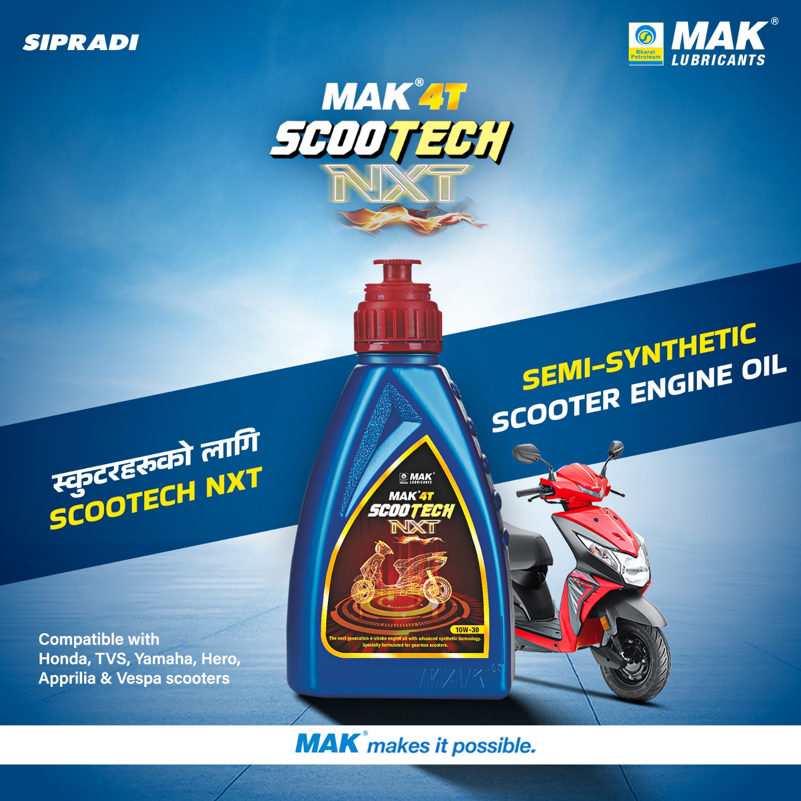MAK Scootech NXT 10W-30 API SL/JASO MB Semi Synthetic 4-Stroke Engine / Scooter Oil (800ml) - image 1