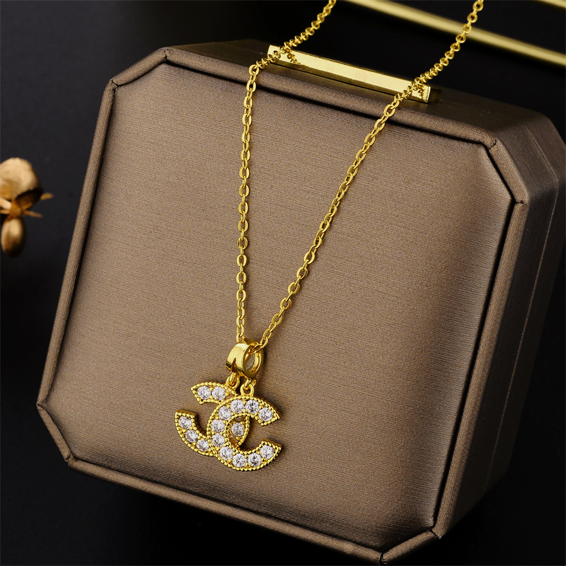 Korean Style Titanium Steel Double C Necklace for Women Gold Micro Inlaid New Accessible Luxury Ins Fashion Versatile Model