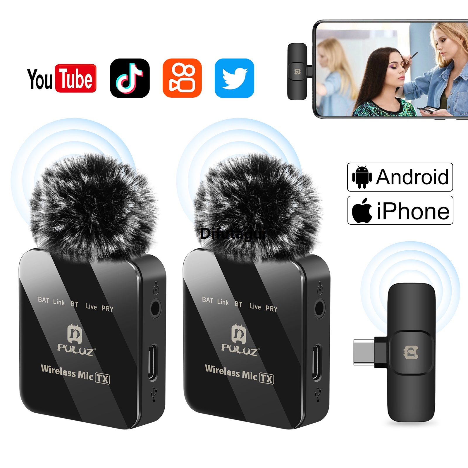 Difutagui PULUZ Wireless Lavalier Microphone Live Broadcast Gaming Microphone 2025 New For iPhone Type-C Android Camera Audio Video For YouTube