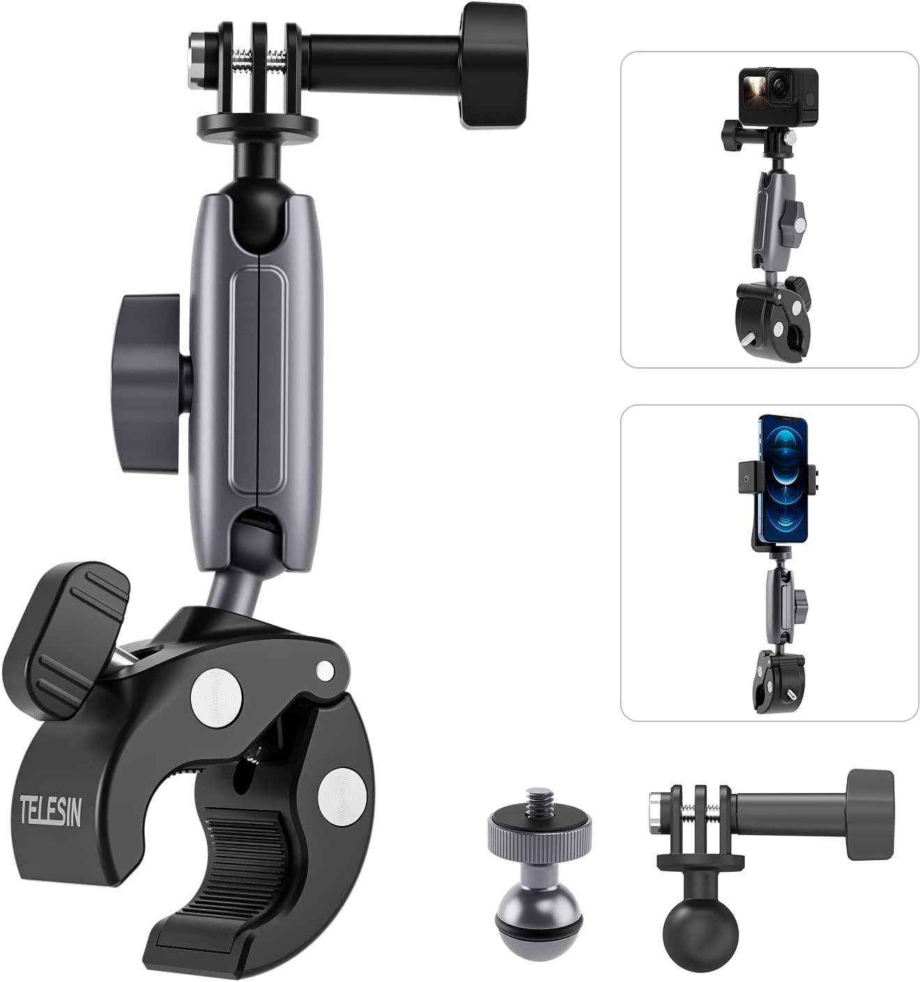TELESIN Camera Clamp Handlebar Bike Mount 360° Double Ballhead Magic Arm
