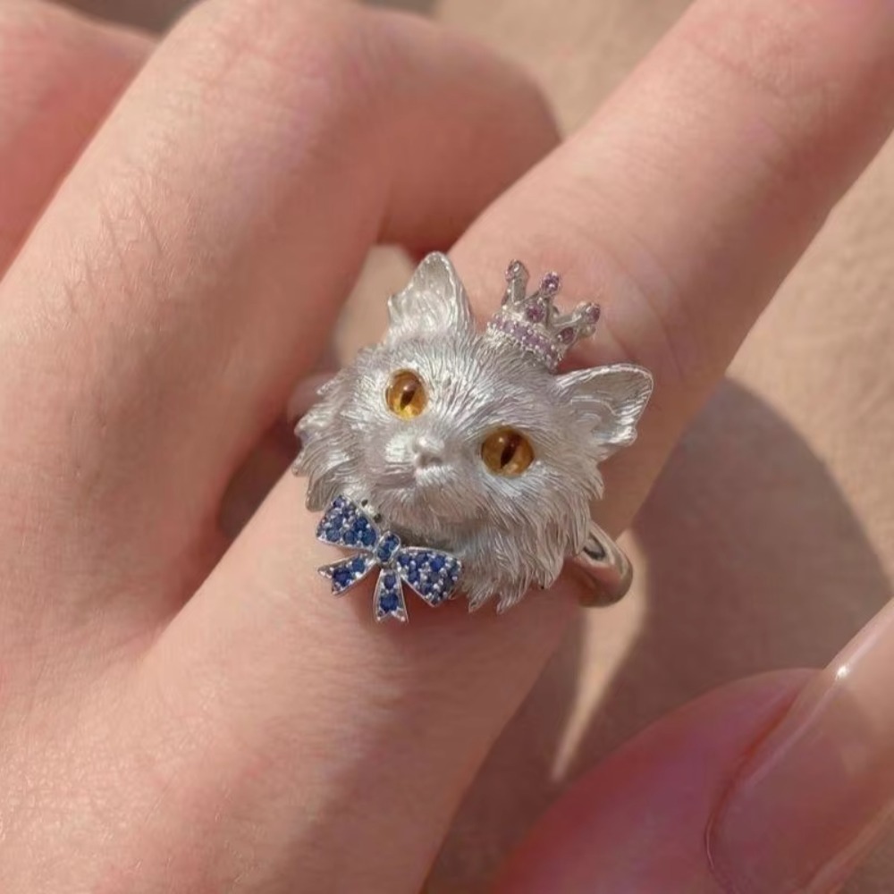 Cute 3D Animal Ring Exaggerated Open Mouth Design Kitten Head Ring Matte Brushed Finish Alloy Material Kitten Ring Gift