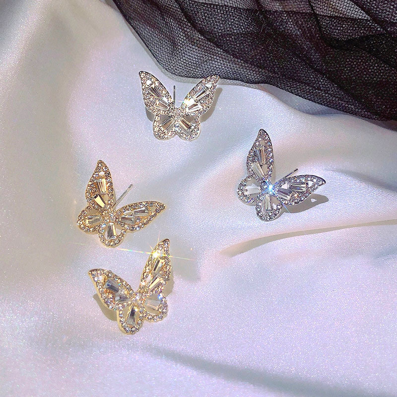 【New Arrivals】Dream Butterfly Earrings Super Fairy Flash Diamond French Simple Instagram Style Student New Fashionable Earrings Women's Silver Pin Earrings
