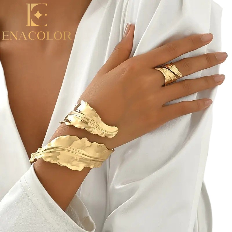 Enacolor 2Pcs/Set Retro Gold Metal Leaves Bangles Bracelet Rings Set for Women Girl Accessories Vintage Jewelry New