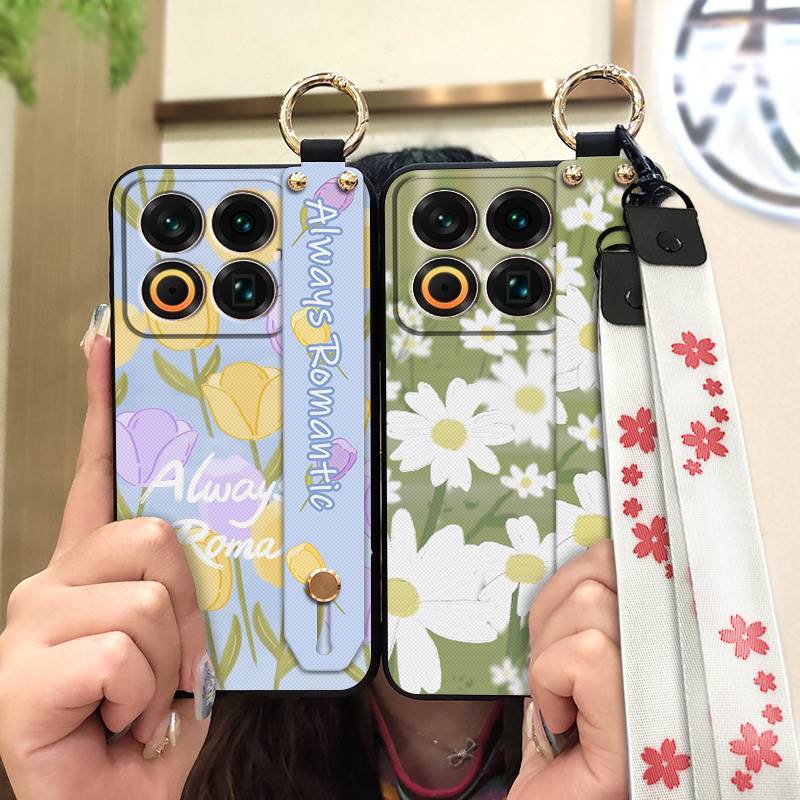 Wrist Strap Flower Phone Case For Meizu 22 Shockproof Kickstand Back Cover Phone Holder Silicone Oil Painting Wristband