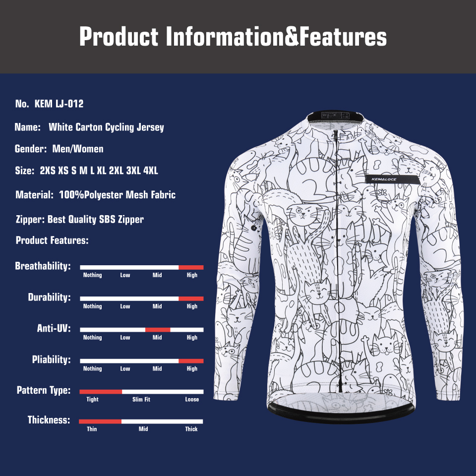 HOT KEMALOCE Cycling Jersey Long Sleeves Men Women White Black Cartoon 2024 Bicycle Jersey Team Summer Premium Anti UV Cycle Clothes