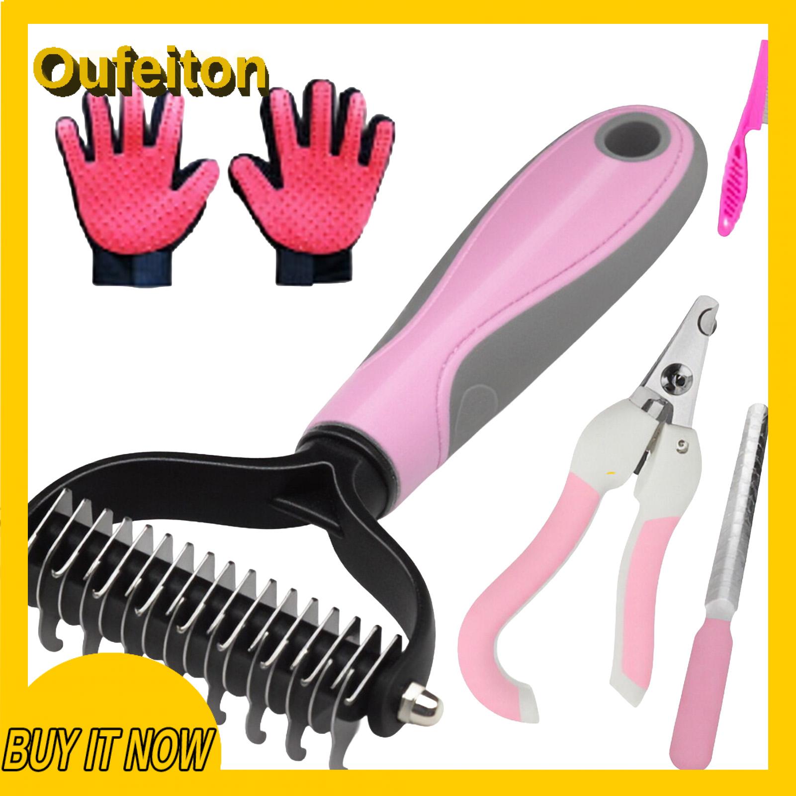 Oufeiton Cat Grooming Set 6pcs Pet Grooming Kit Stainless Steel Nail Clippers Comb Shedding Removal Tools for Long-haired Dogs Cats - for Home