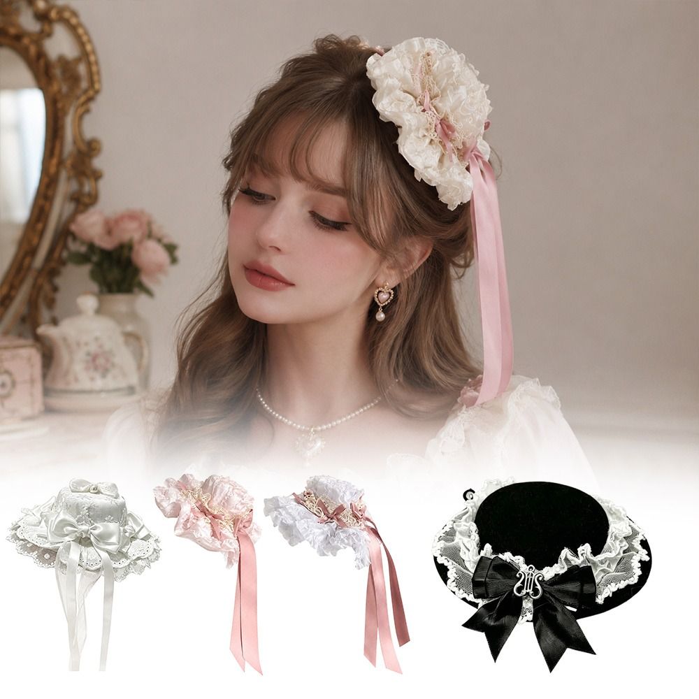 Kawaii Bowknot Mini Top Hat Vintage Fascinator Bow Hair Clip Elegant Exquisite Lolita Hair Cap Anime